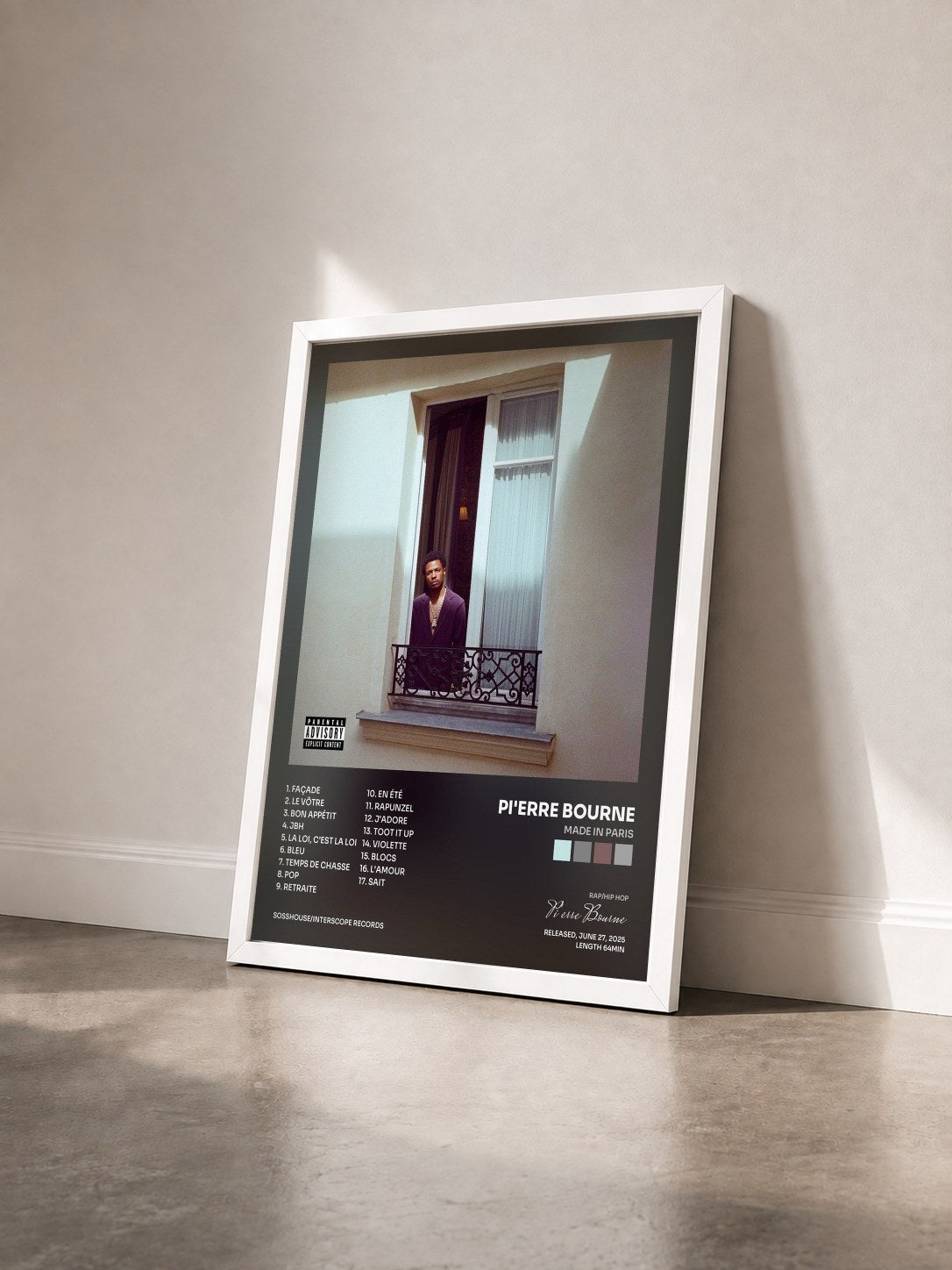 #blanc Tableau de l'album Made In Paris de Pi'erre Bourne vu de trois quarts, cadre blanc