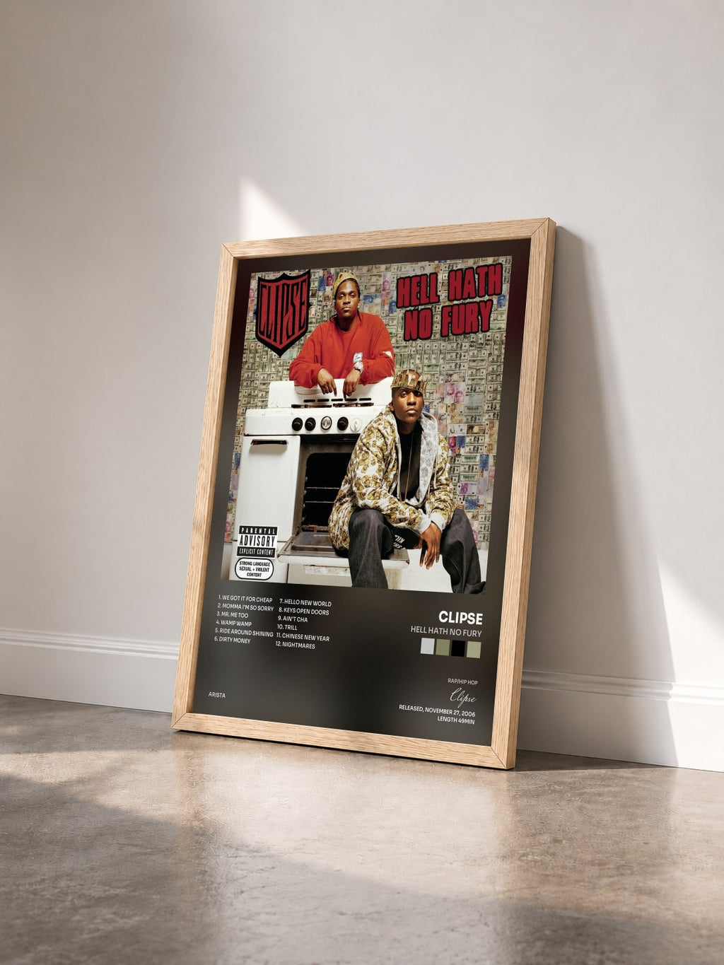 #bois Tableau de l'album Hell Hath No Fury de Clipse vu de trois quarts, cadre en bois brut