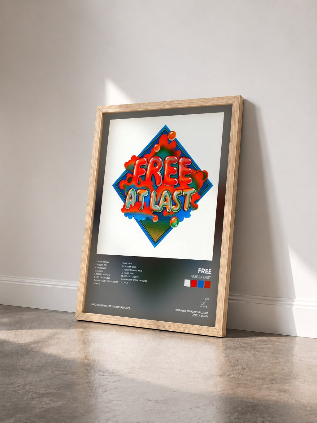 #bois Tableau de l'album Free At Last de Free vu de trois quarts, cadre en bois brut