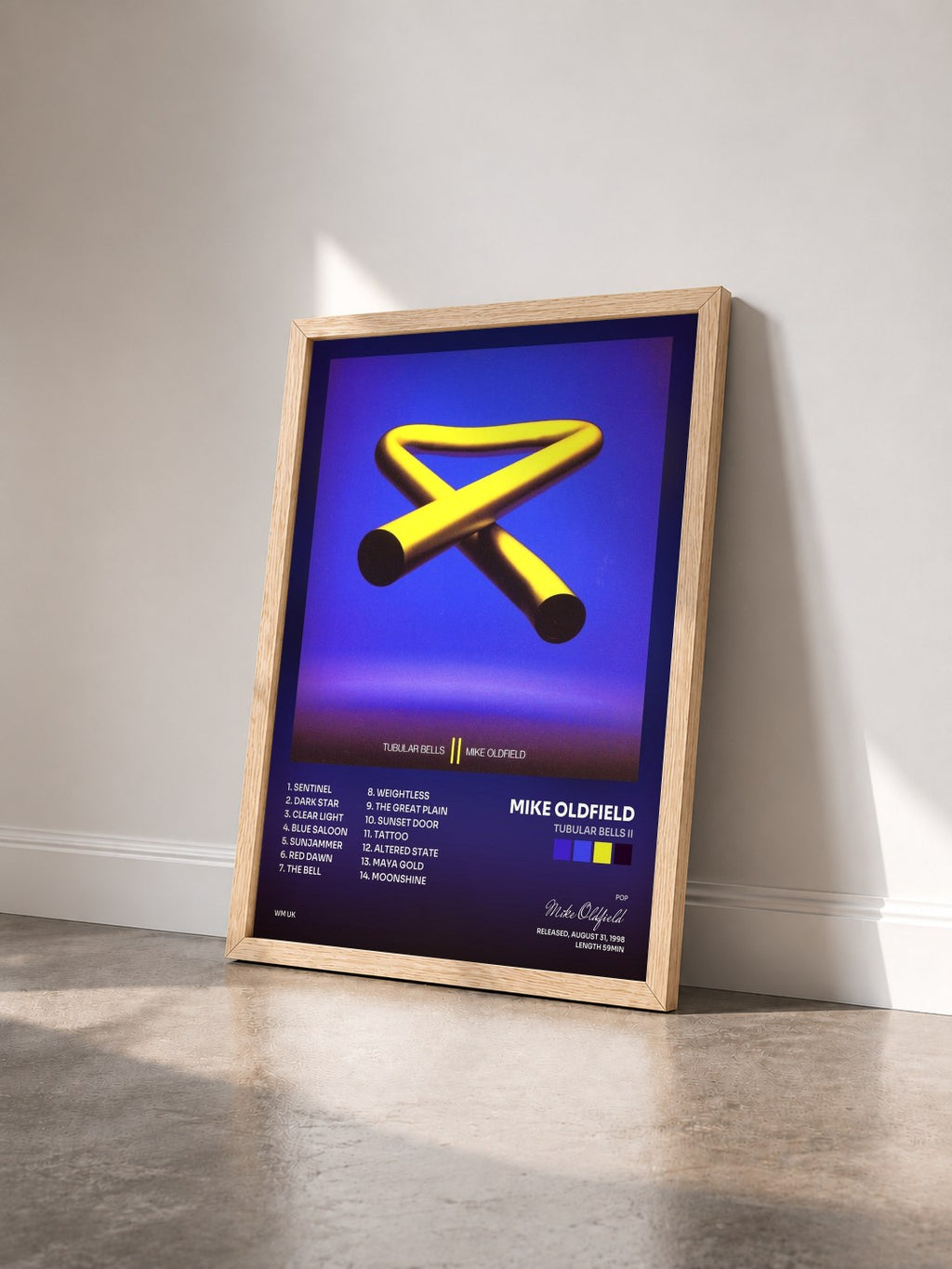 #bois Tableau de l'album Tubular Bells II de Mike Oldfield vu de trois quarts, cadre en bois brut
