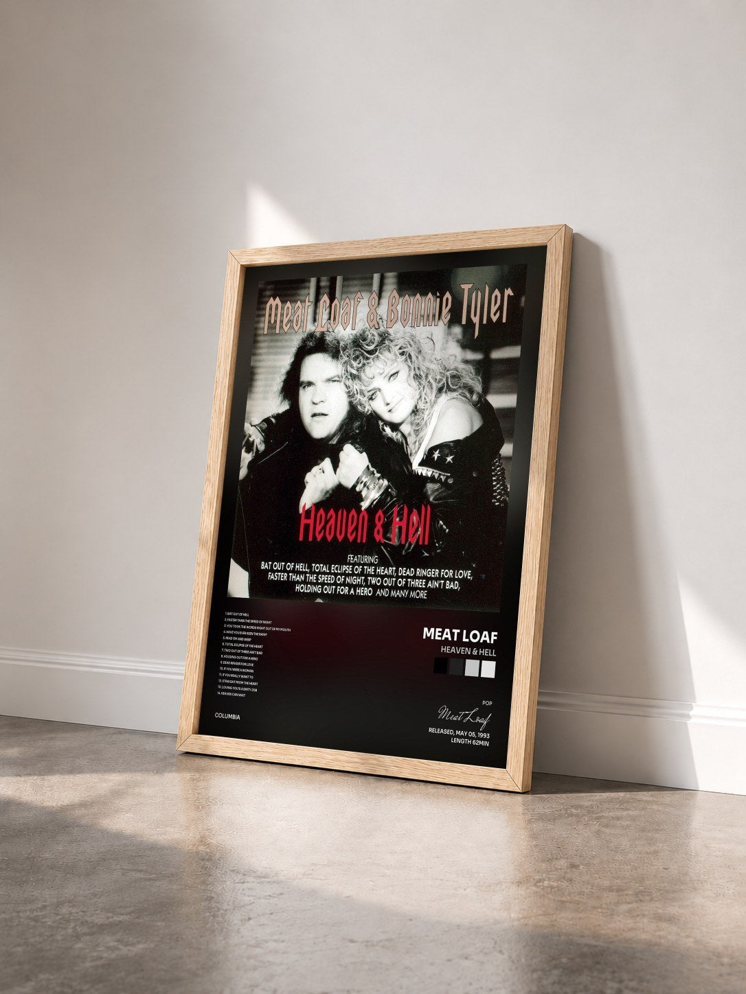 #bois Tableau de l'album Heaven & Hell de Meat Loaf vu de trois quarts, cadre en bois brut