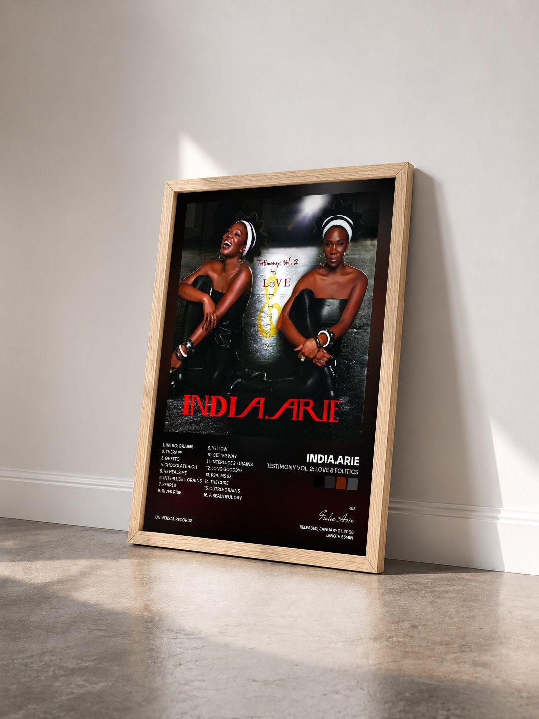 #bois Tableau de l'album TESTIMONY VOL. 2: LOVE & POLITICS de India.Arie vu de trois quarts, cadre en bois brut