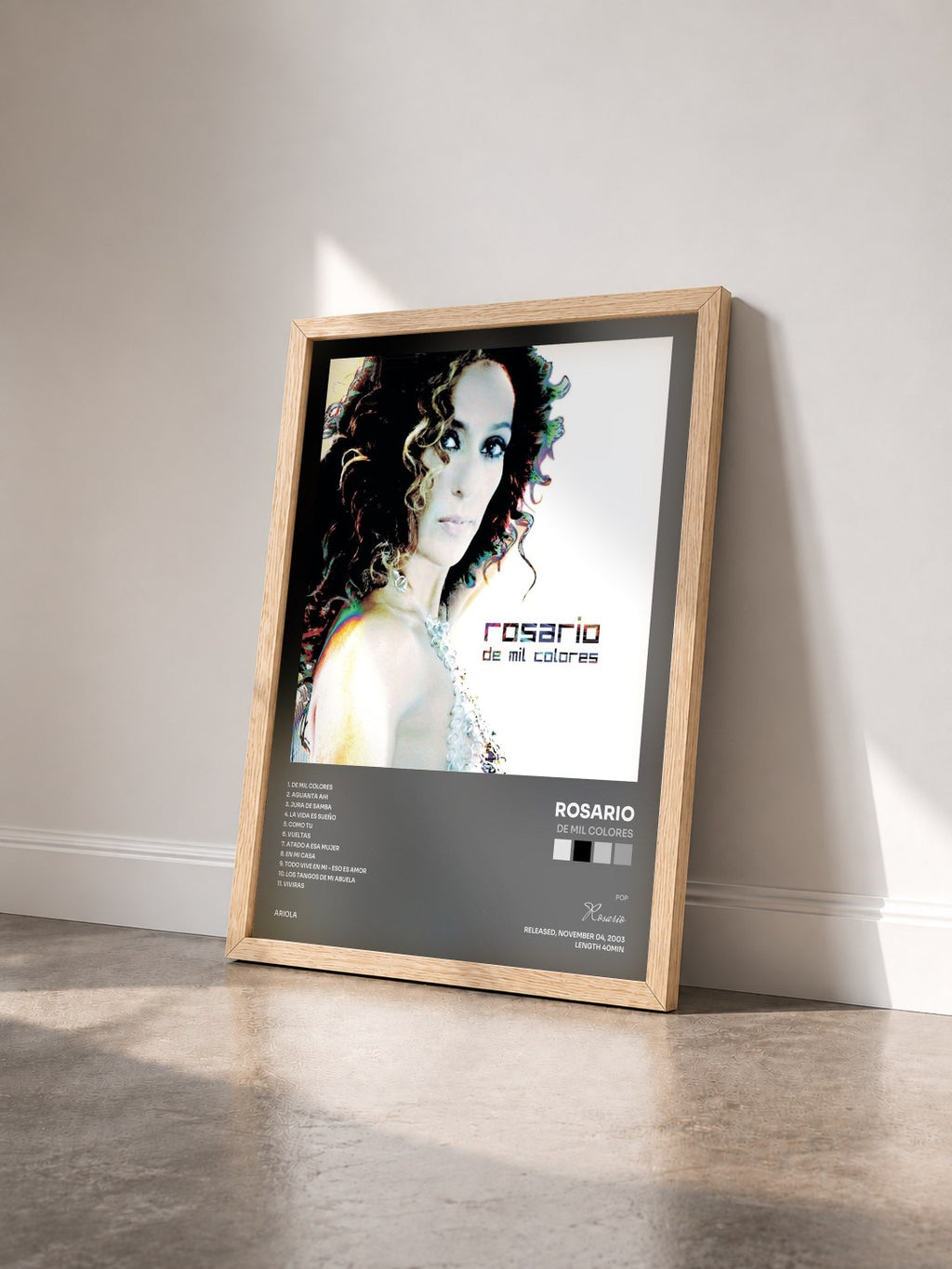 #bois Tableau de l'album De Mil Colores de Rosario vu de trois quarts, cadre en bois brut