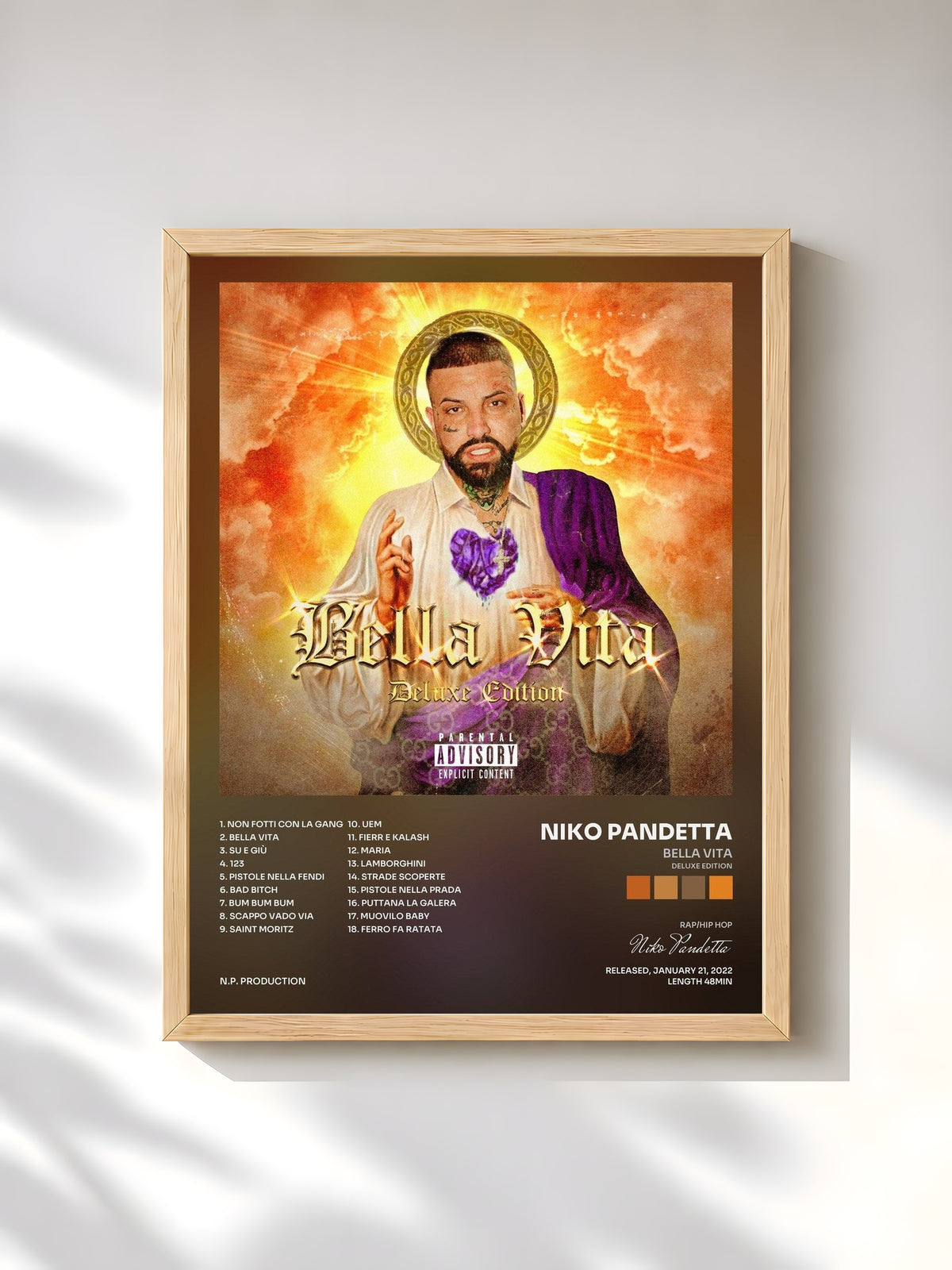 #bois Tableau de l'album BELLA VITA (Deluxe Edition) de Niko Pandetta, cadre en bois brut, imprimé et encadré en France