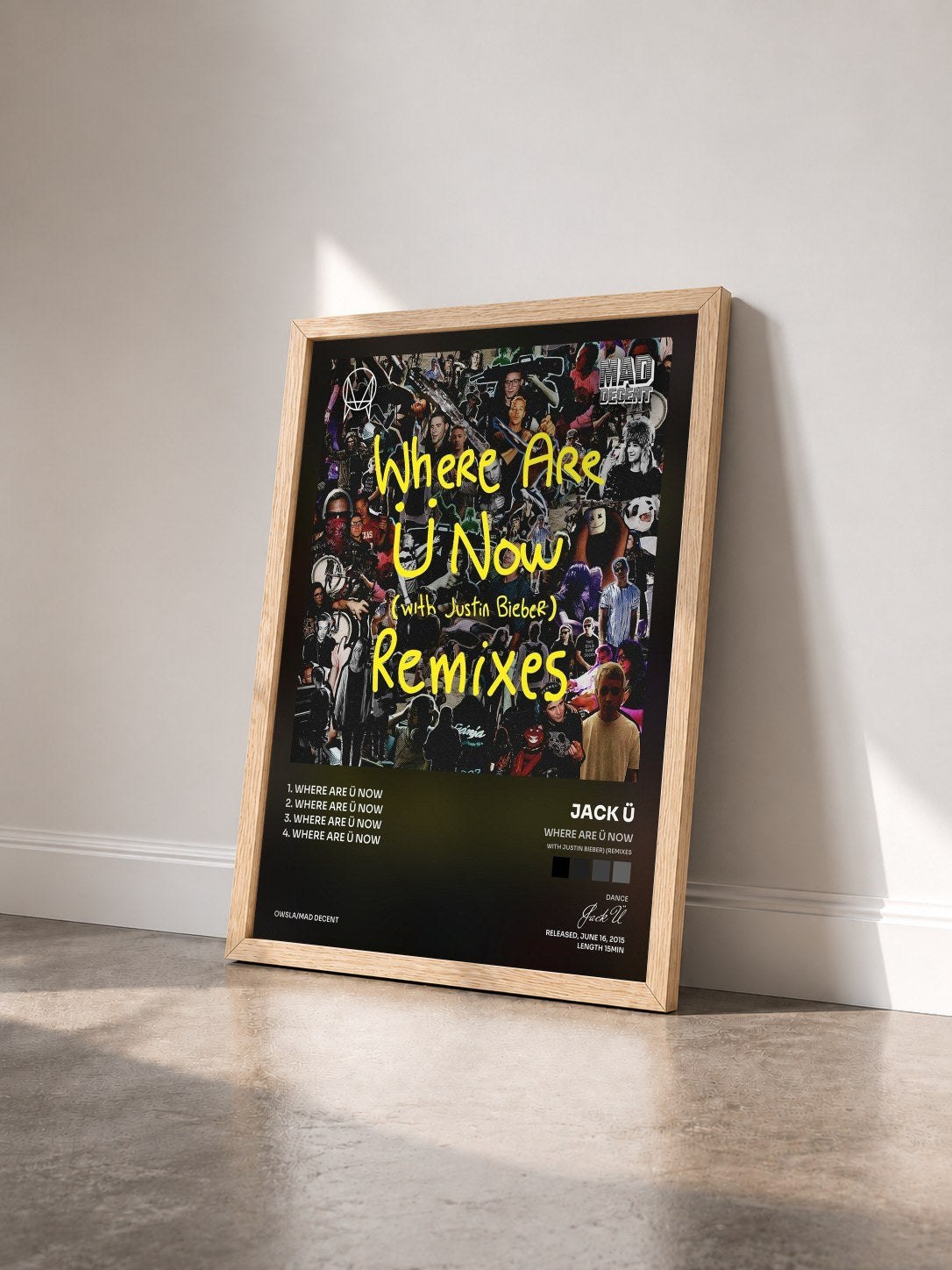 #bois Tableau de l'album Where Are Ü Now (with Justin Bieber) (Remixes) de Jack Ü vu de trois quarts, cadre en bois brut