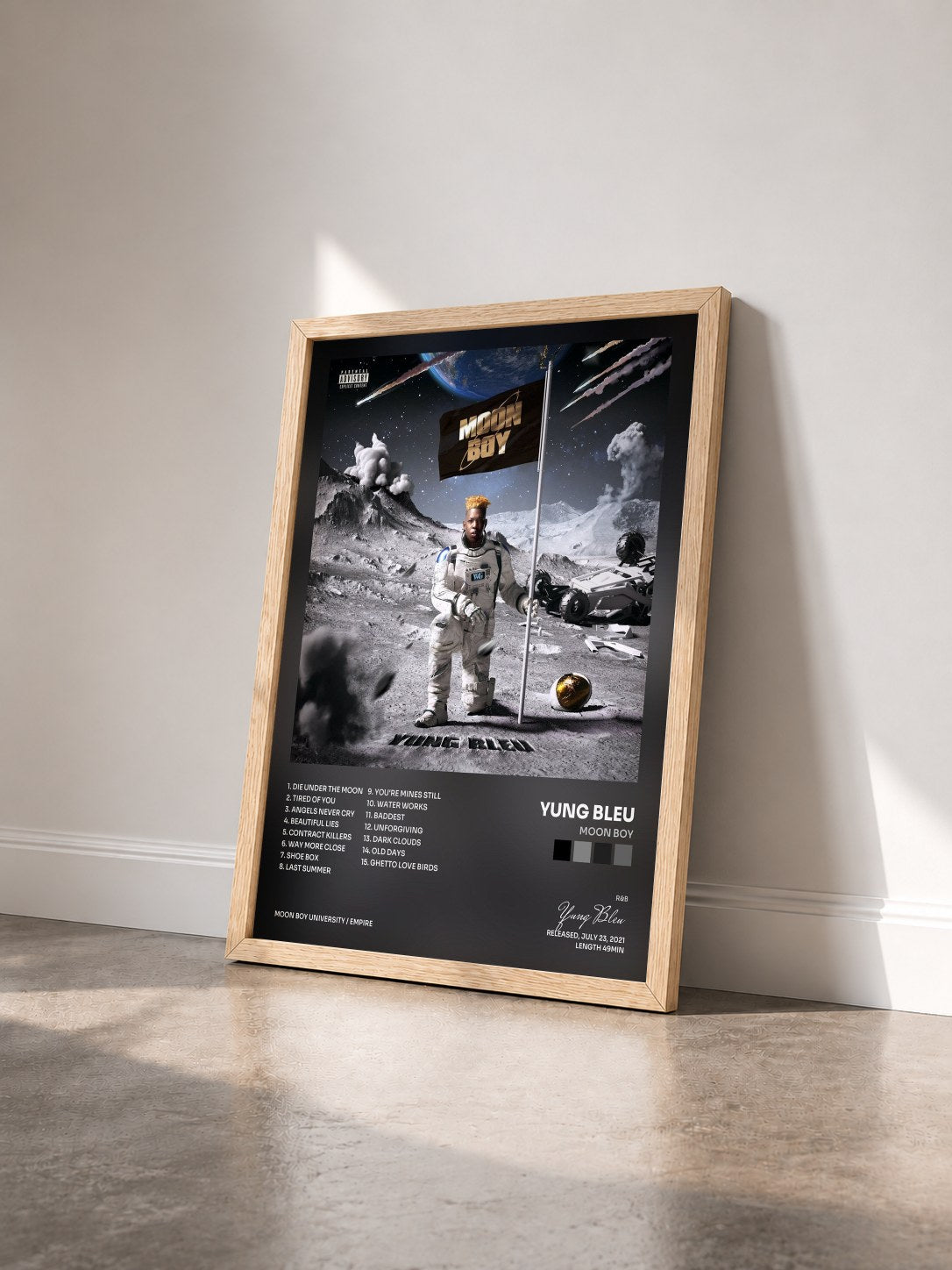 #bois Tableau de l'album Moon Boy de Yung Bleu vu de trois quarts, cadre en bois brut