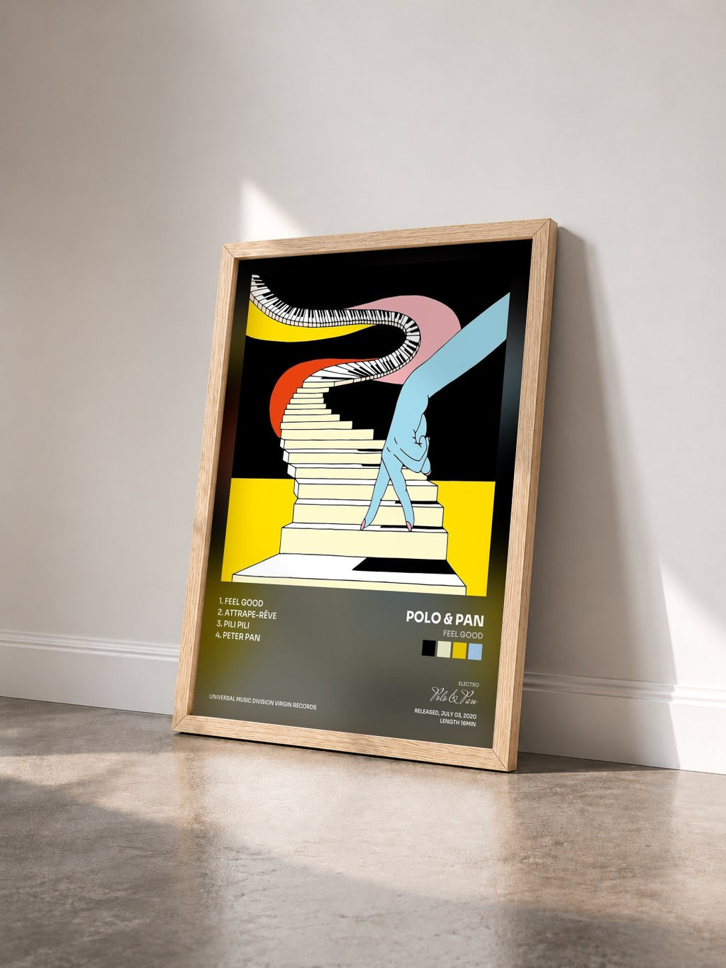 #bois Tableau de l'album Feel Good de Polo & Pan vu de trois quarts, cadre en bois brut