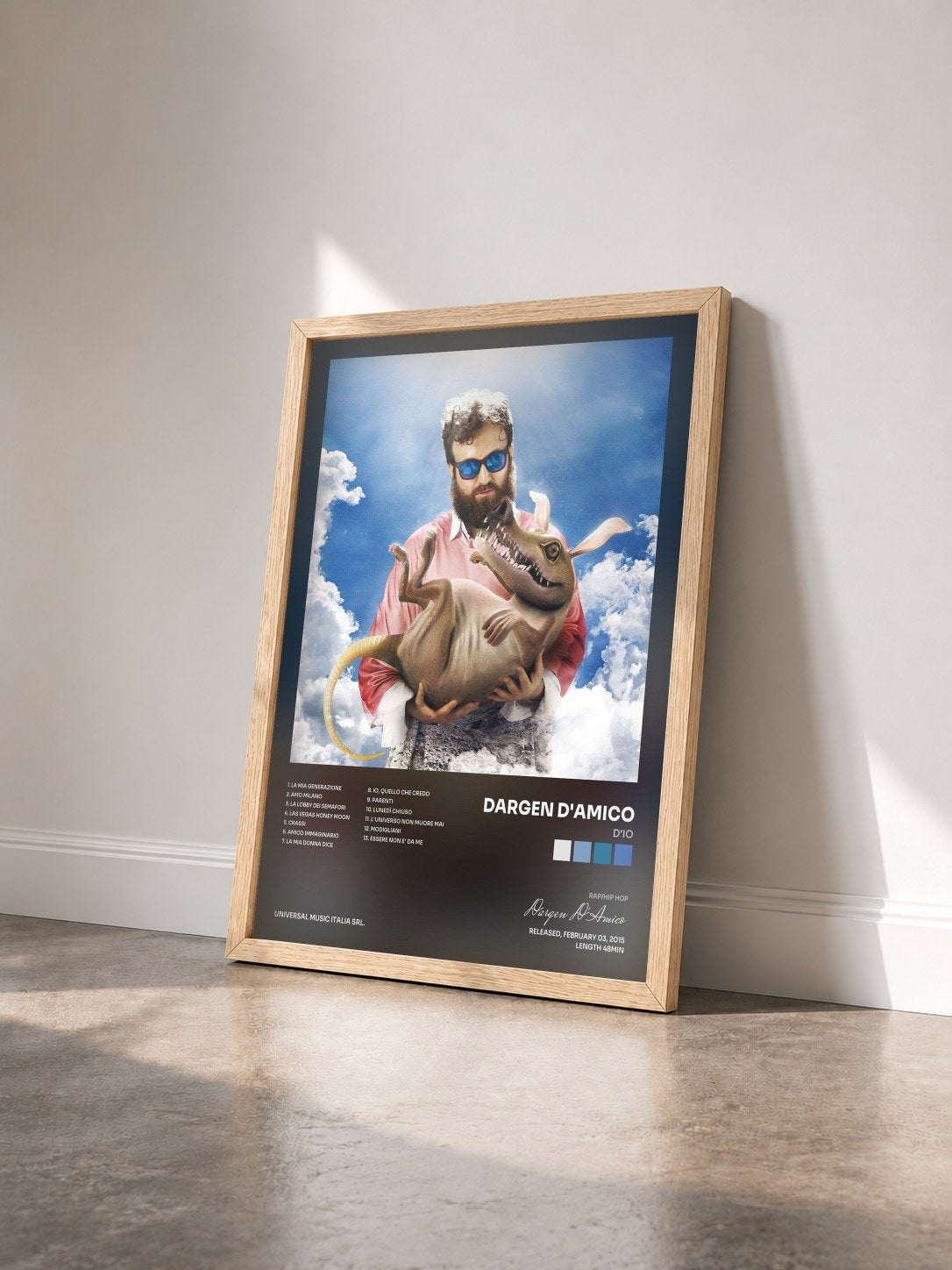 #bois Tableau de l'album D'Io de Dargen D'Amico vu de trois quarts, cadre en bois brut