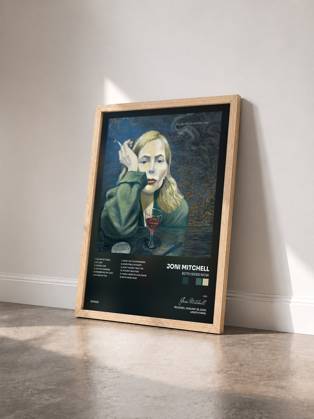#bois Tableau de l'album Both Sides Now de Joni Mitchell vu de trois quarts, cadre en bois brut