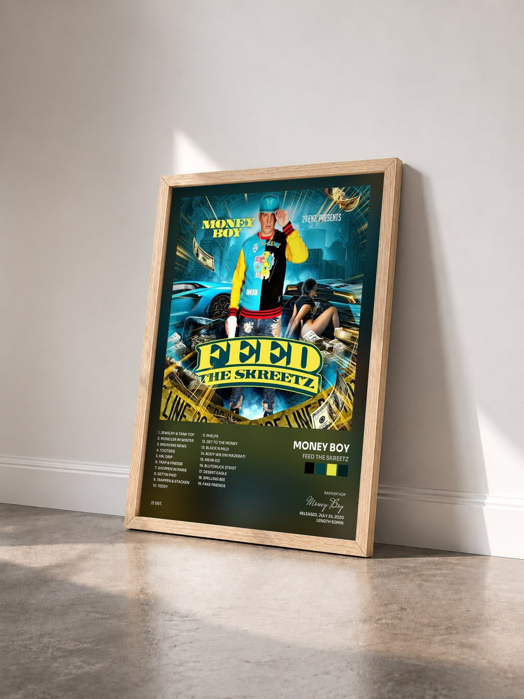 #bois Tableau de l'album Feed the Skreetz de Money Boy vu de trois quarts, cadre en bois brut