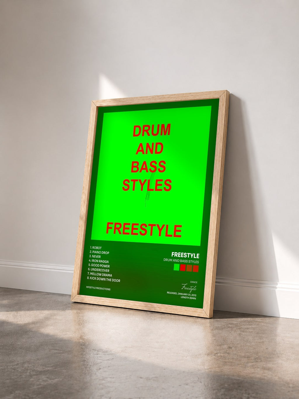 #bois Tableau de l'album Drum and bass STYLES de Freestyle vu de trois quarts, cadre en bois brut
