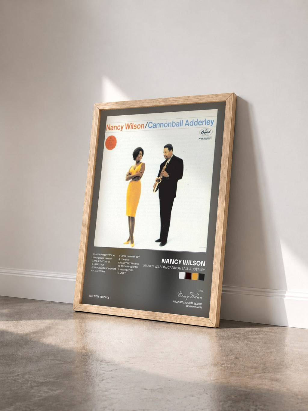 #bois Tableau de l'album Nancy Wilson/Cannonball Adderley de Nancy Wilson vu de trois quarts, cadre en bois brut