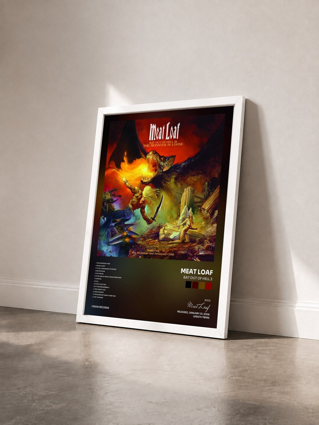#blanc Tableau de l'album Bat Out Of Hell 3 de Meat Loaf vu de trois quarts, cadre blanc