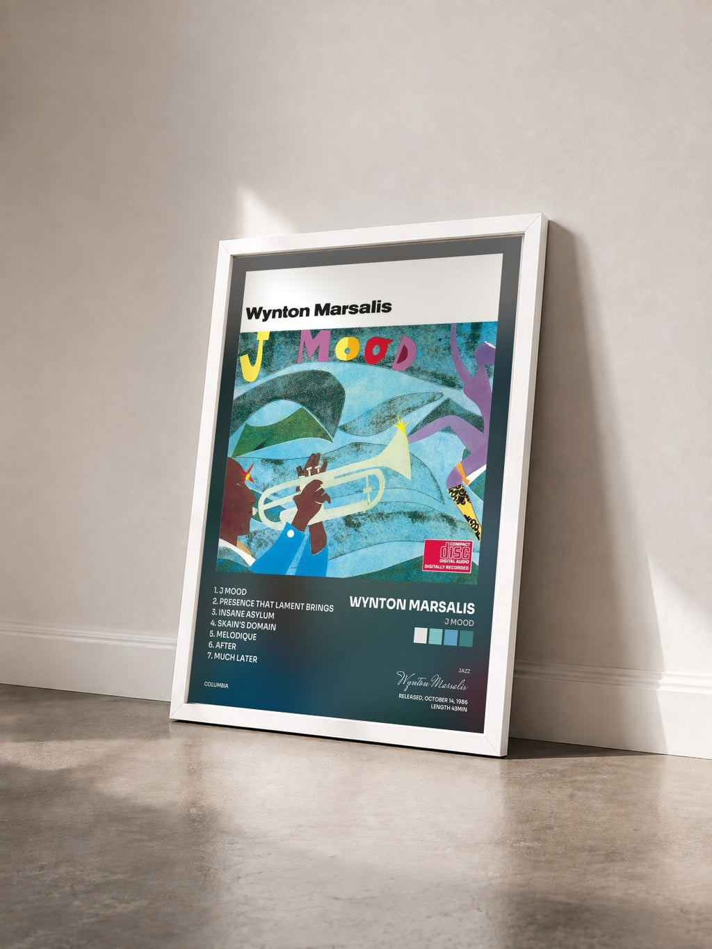 #blanc Tableau de l'album J Mood de Wynton Marsalis vu de trois quarts, cadre blanc