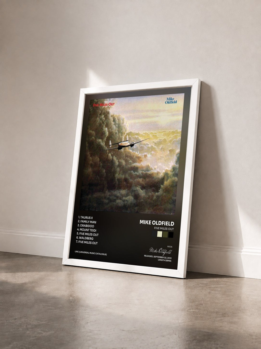 #blanc Tableau de l'album Five Miles Out de Mike Oldfield vu de trois quarts, cadre blanc