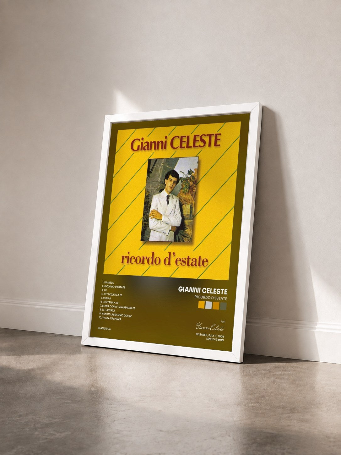 #blanc Tableau de l'album Ricordo D'Estate de Gianni Celeste vu de trois quarts, cadre blanc