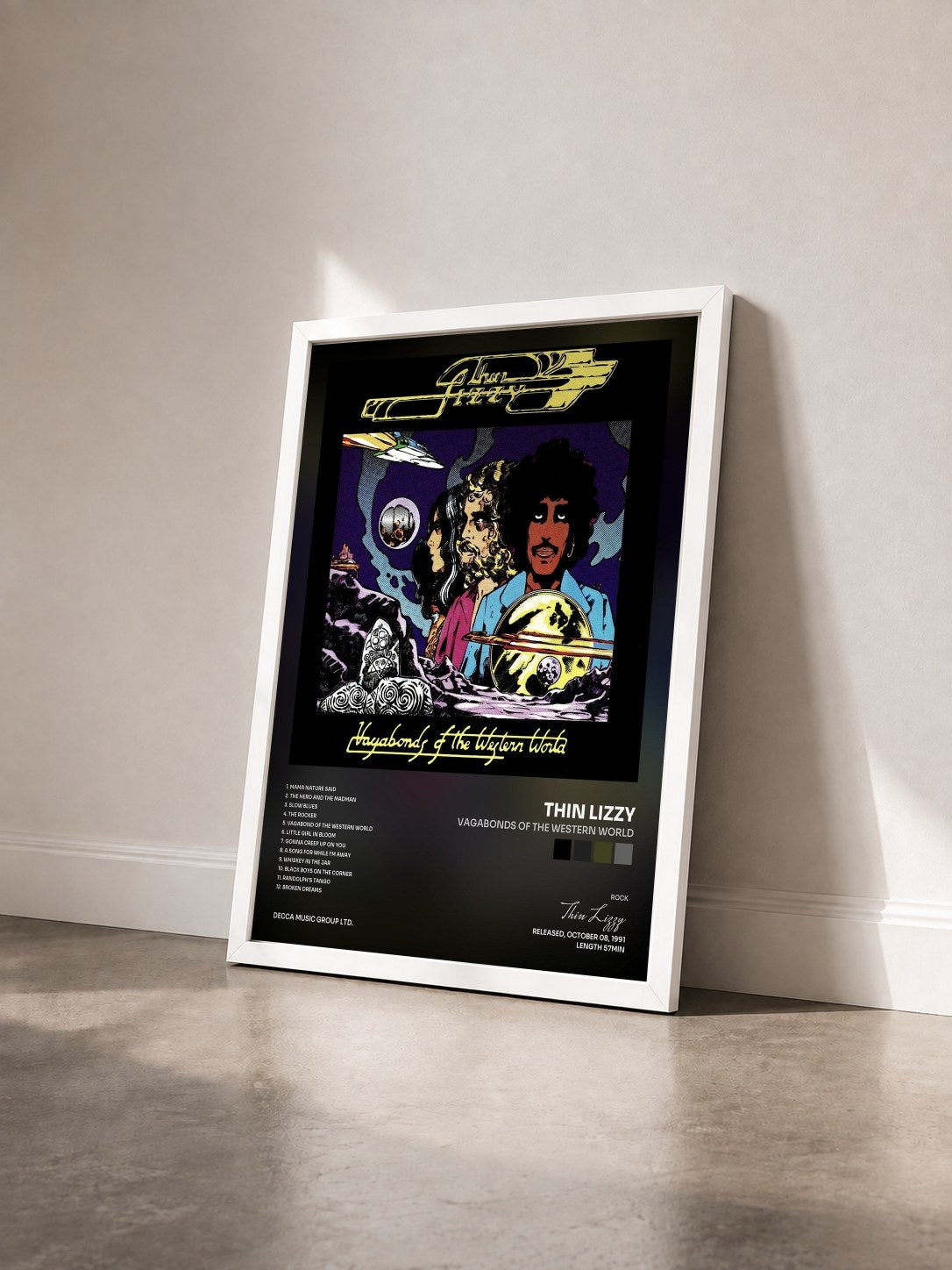 #blanc Tableau de l'album Vagabonds Of The Western World de Thin Lizzy vu de trois quarts, cadre blanc
