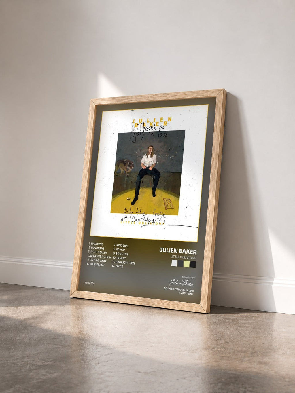 #bois Tableau de l'album Little Oblivions de Julien Baker vu de trois quarts, cadre en bois brut