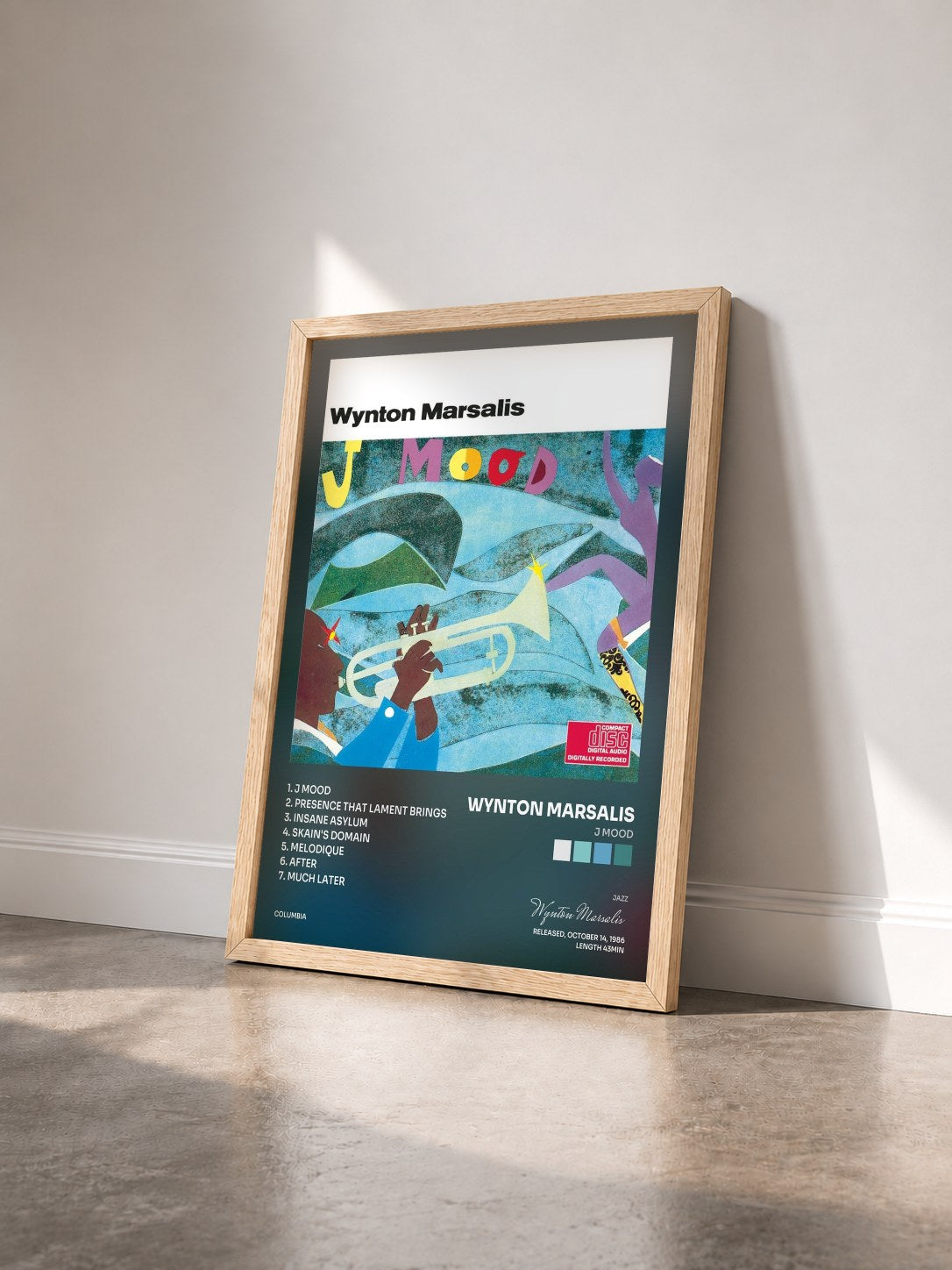 #bois Tableau de l'album J Mood de Wynton Marsalis vu de trois quarts, cadre en bois brut