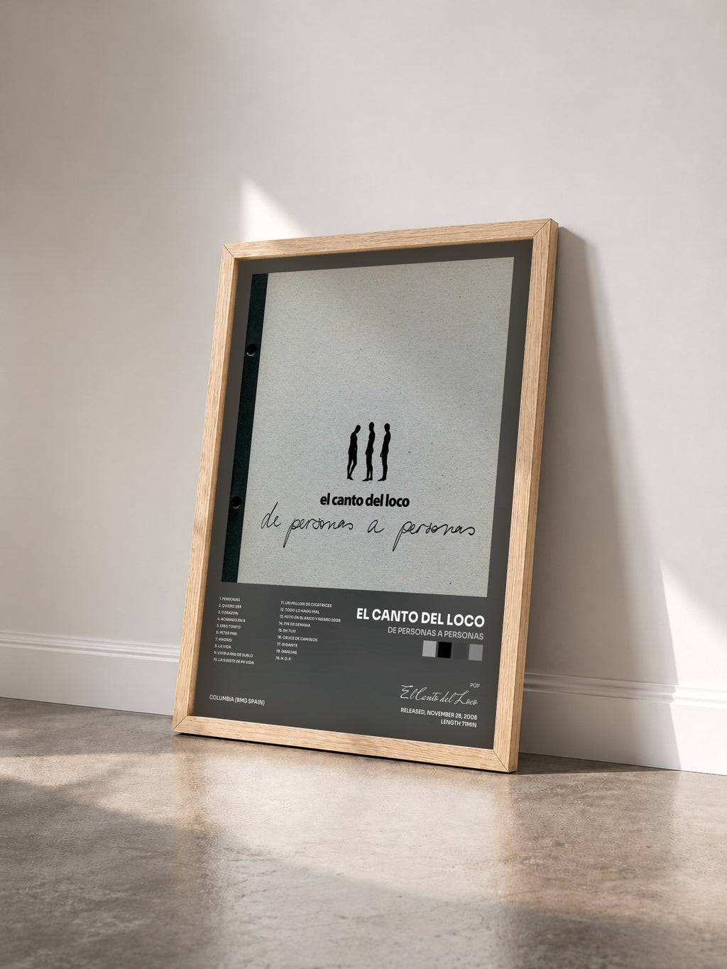 #bois Tableau de l'album De Personas a Personas de El Canto del Loco vu de trois quarts, cadre en bois brut