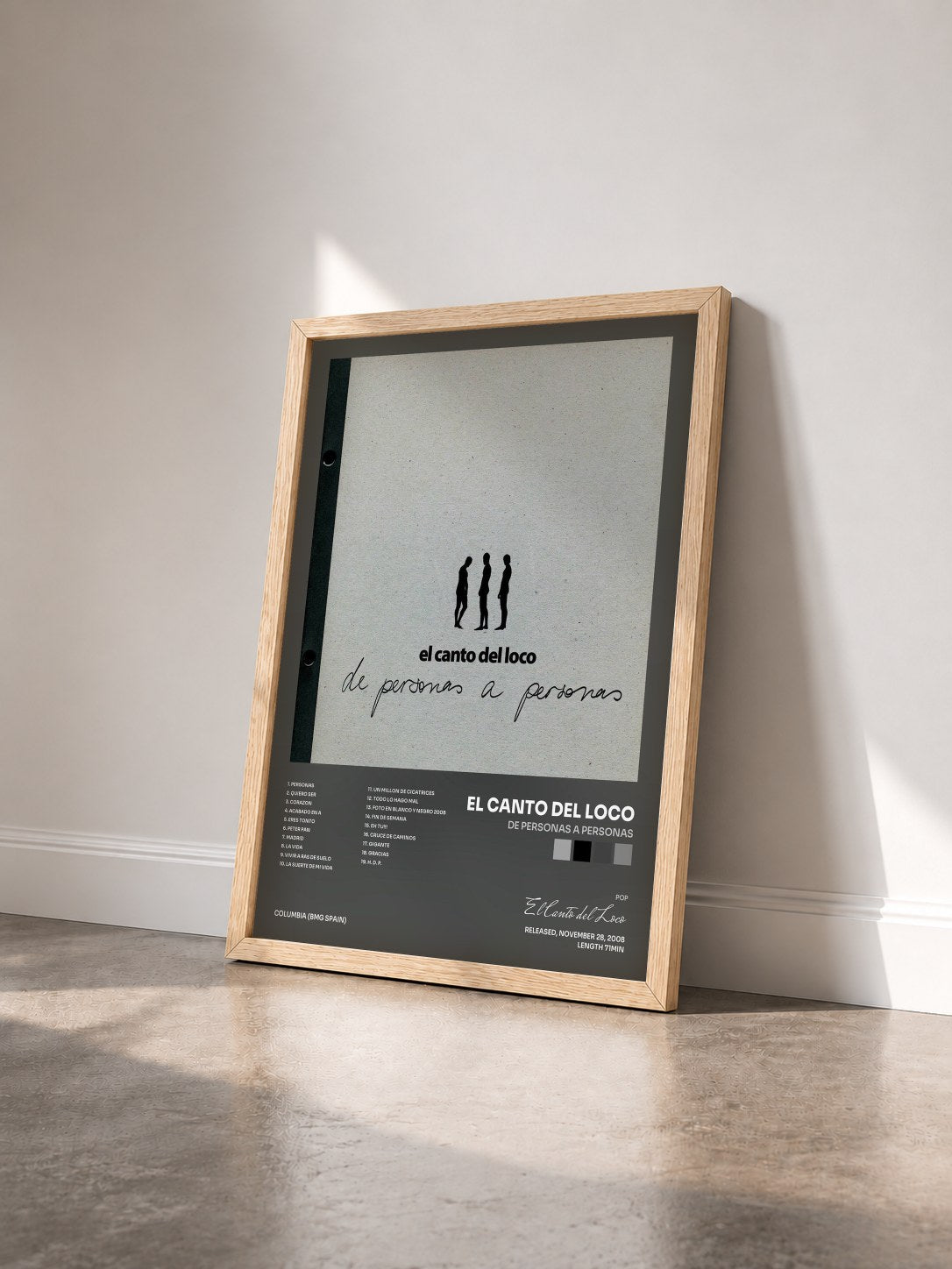 #bois Tableau de l'album De Personas a Personas de El Canto del Loco vu de trois quarts, cadre en bois brut
