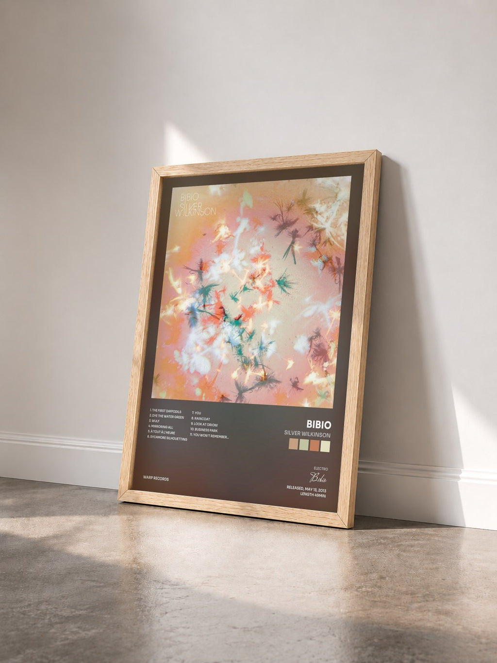 #bois Tableau de l'album Silver Wilkinson de Bibio vu de trois quarts, cadre en bois brut