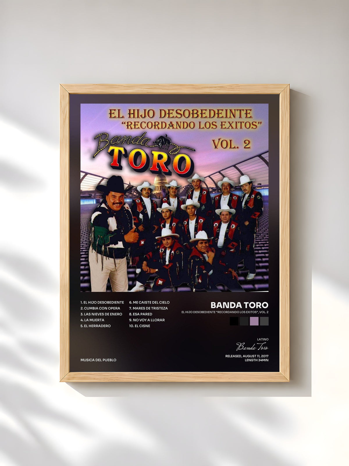 #bois Tableau de l'album El Hijo Desobediente "Recordando los Exitos", Vol. 2 de Banda Toro, cadre en bois brut, imprimé et encadré en France