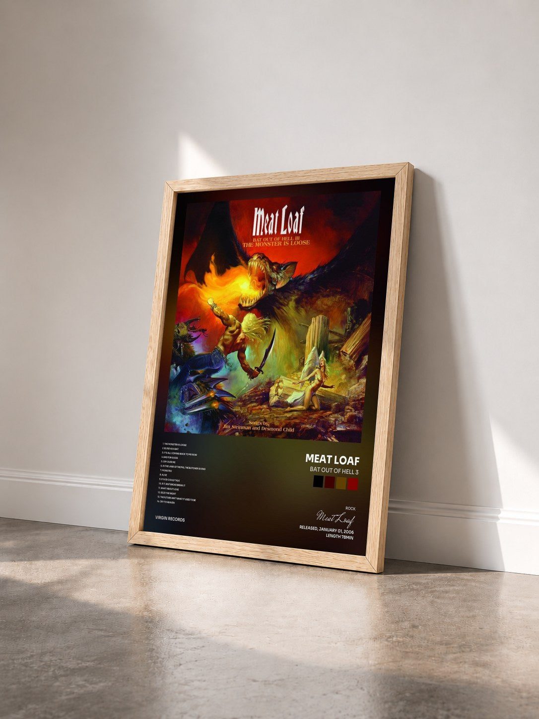#bois Tableau de l'album Bat Out Of Hell 3 de Meat Loaf vu de trois quarts, cadre en bois brut