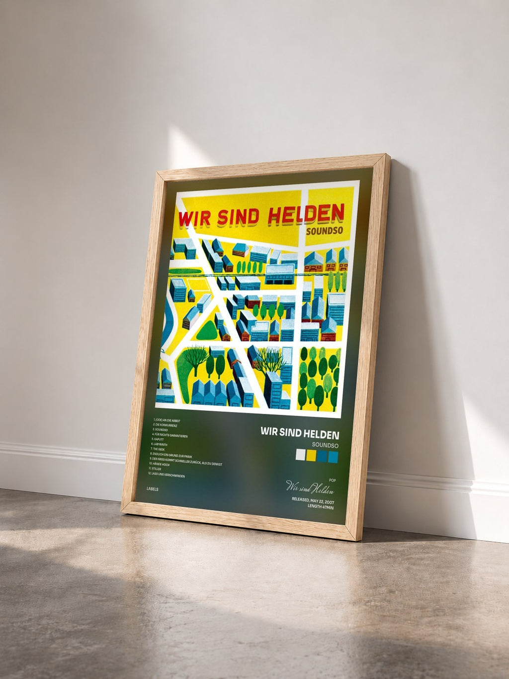 #bois Tableau de l'album Soundso de Wir sind Helden vu de trois quarts, cadre en bois brut