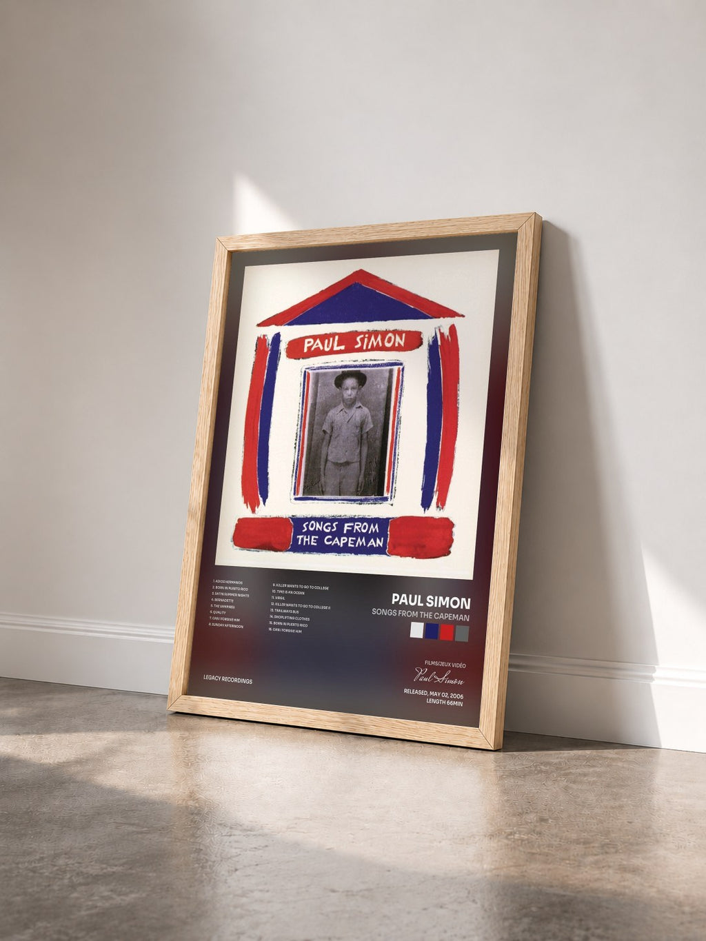 #bois Tableau de l'album Songs From The Capeman de Paul Simon vu de trois quarts, cadre en bois brut