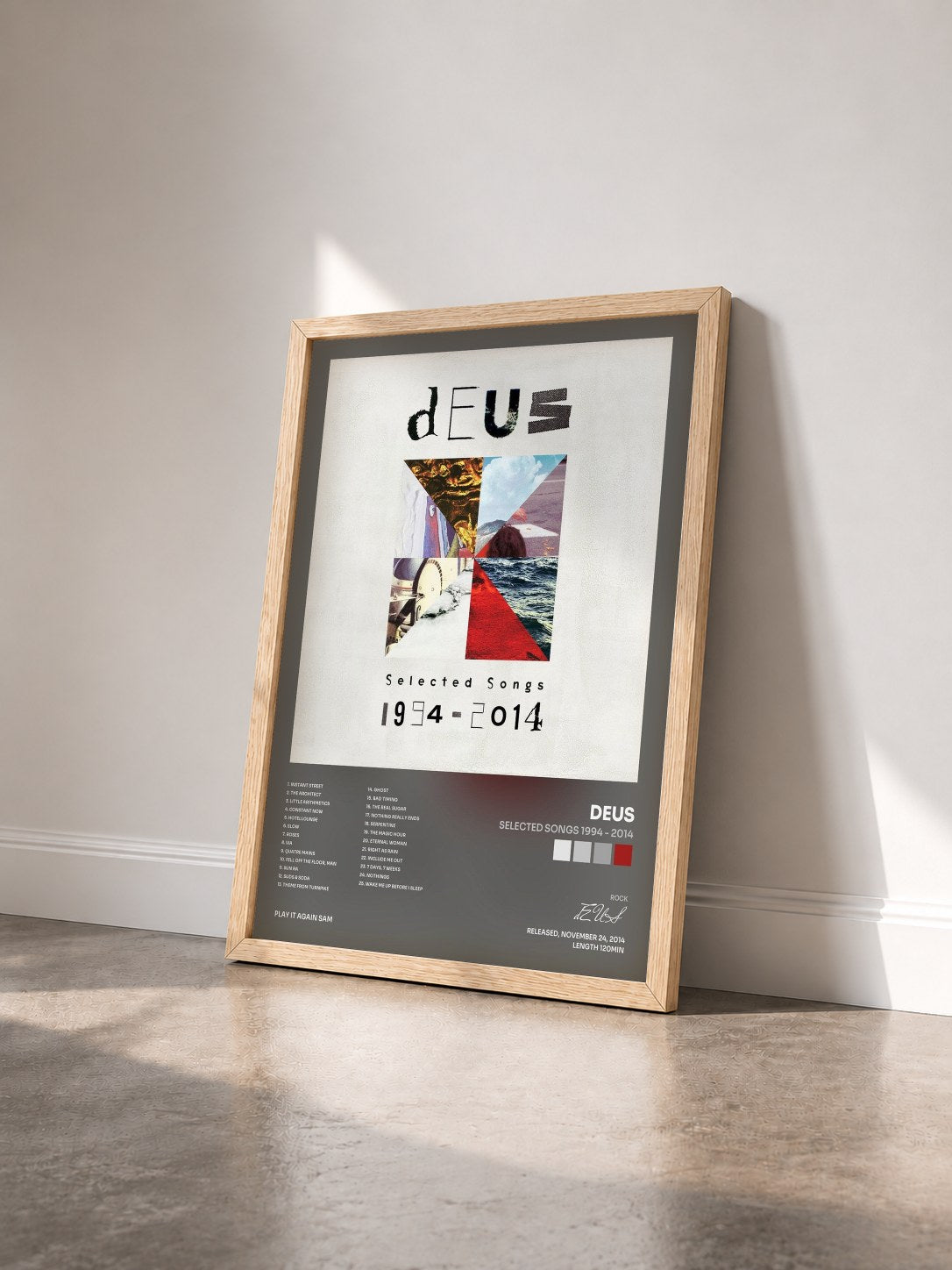 #bois Tableau de l'album Selected Songs 1994 - 2014 de dEUS vu de trois quarts, cadre en bois brut