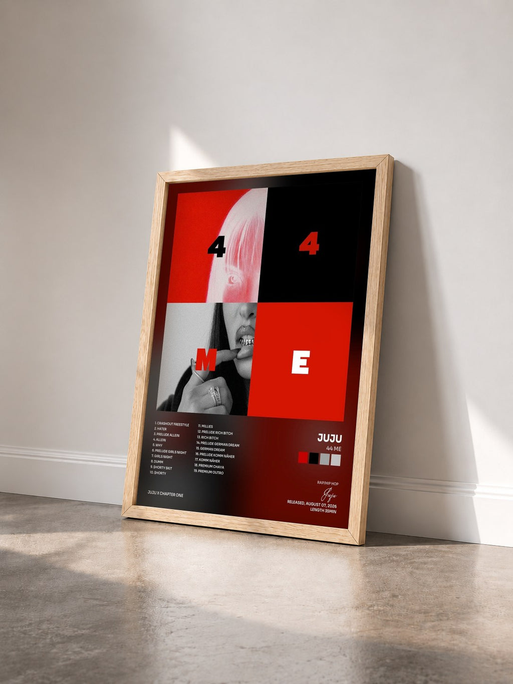 #bois Tableau de l'album 44 ME de Juju vu de trois quarts, cadre en bois brut