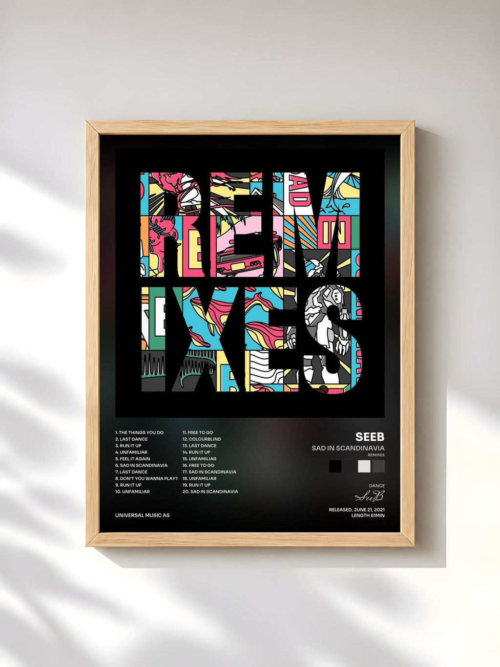 #bois Tableau de l'album Sad in Scandinavia (Remixes) de SeeB, cadre en bois brut, imprimé et encadré en France