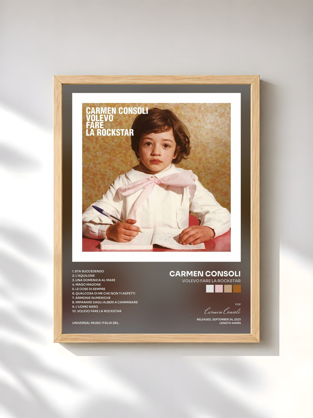 #bois Tableau de l'album Volevo Fare La Rockstar de Carmen Consoli, cadre en bois brut, imprimé et encadré en France