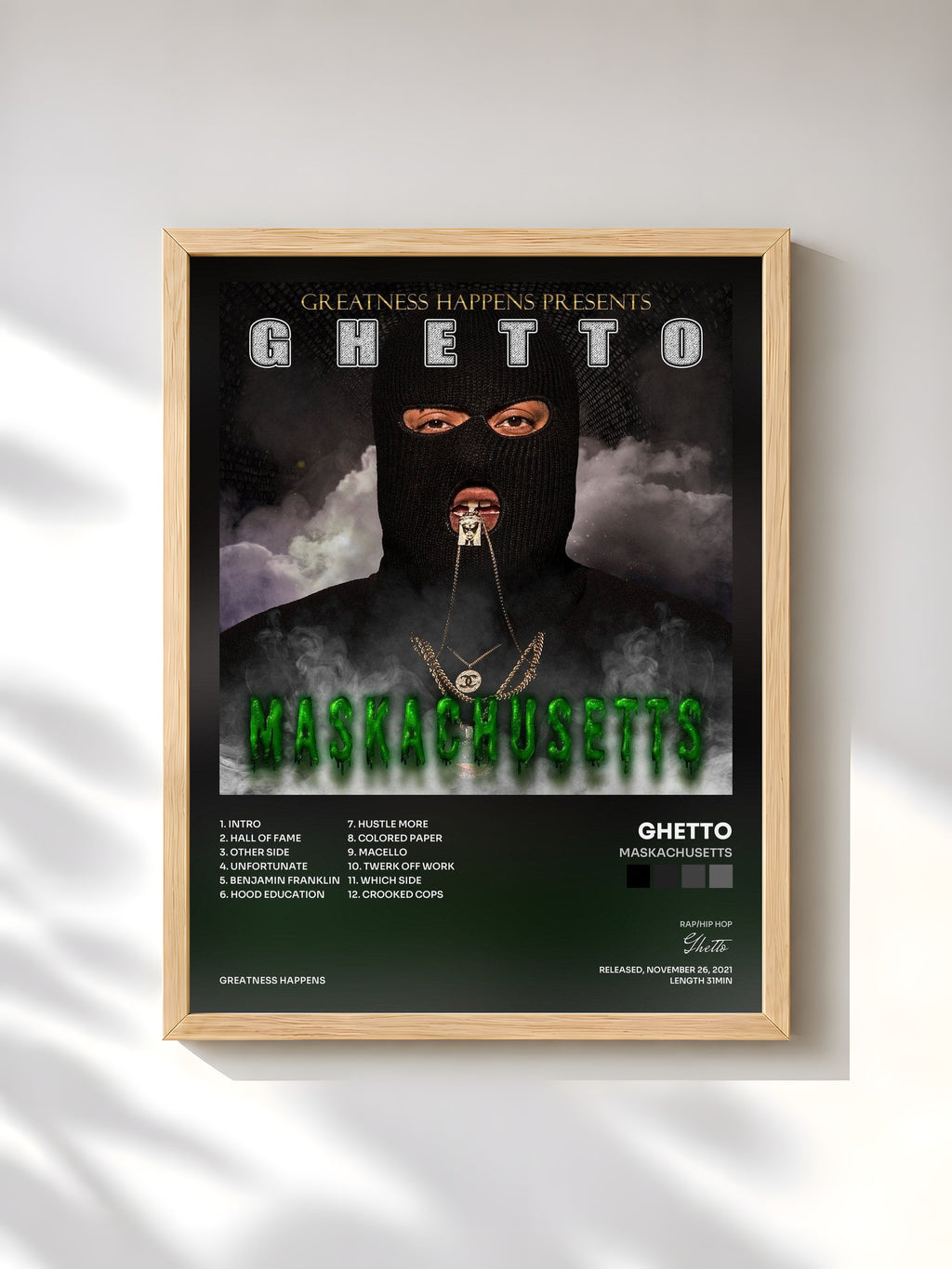 #bois Tableau de l'album Maskachusetts de Ghetto, cadre en bois brut, imprimé et encadré en France