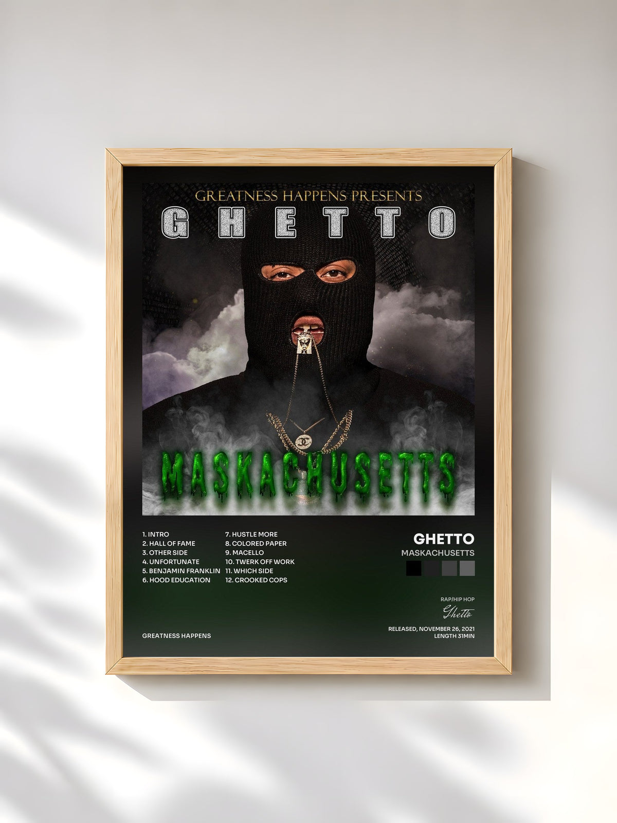 #bois Tableau de l'album Maskachusetts de Ghetto, cadre en bois brut, imprimé et encadré en France