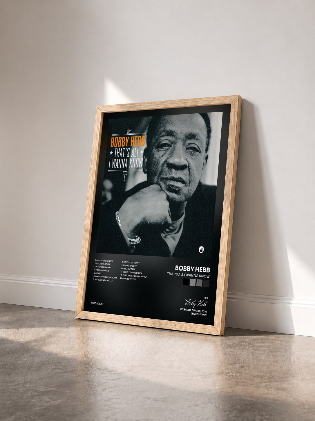#bois Tableau de l'album That's All I Wanna Know de Bobby Hebb vu de trois quarts, cadre en bois brut
