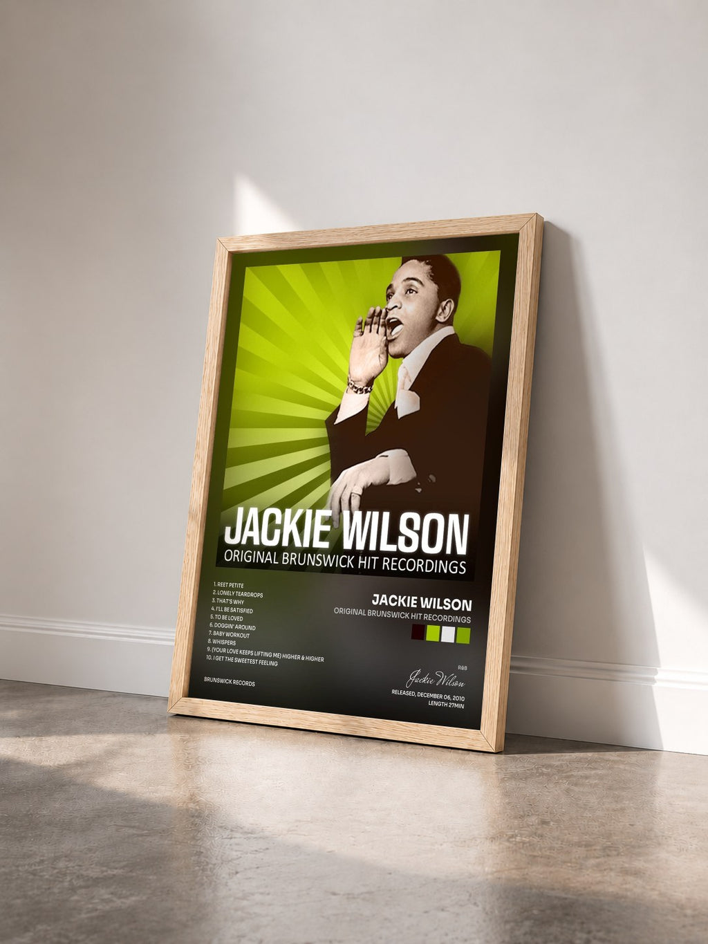 #bois Tableau de l'album Original Brunswick Hit Recordings de Jackie Wilson vu de trois quarts, cadre en bois brut