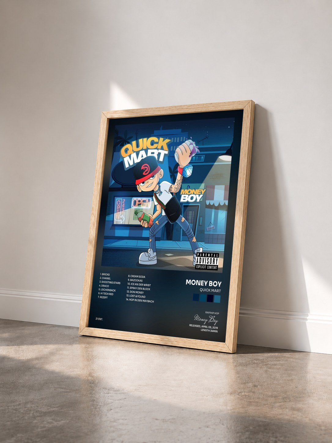 #bois Tableau de l'album Quick Mart de Money Boy vu de trois quarts, cadre en bois brut