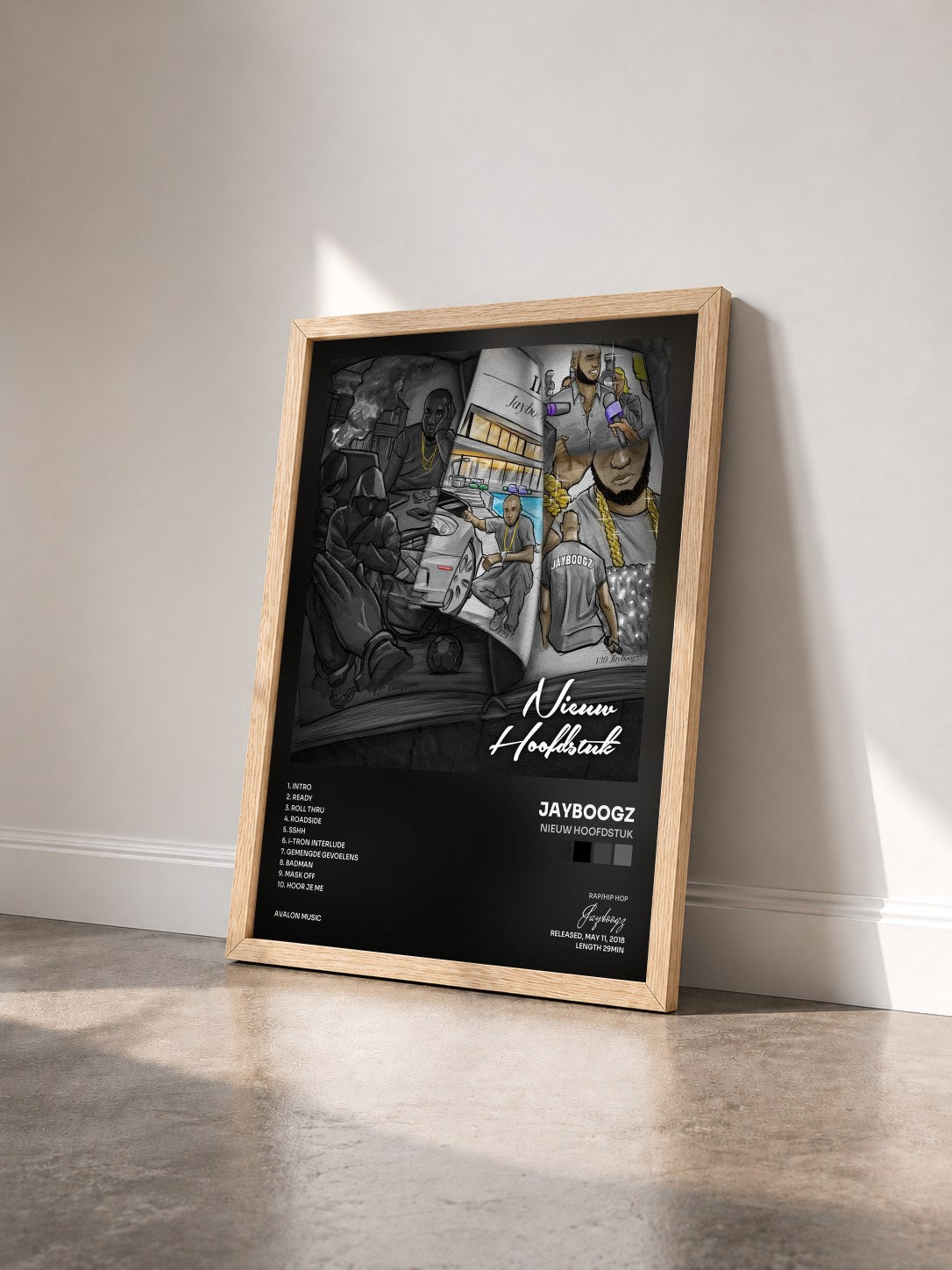 #bois Tableau de l'album Nieuw Hoofdstuk de Jayboogz vu de trois quarts, cadre en bois brut