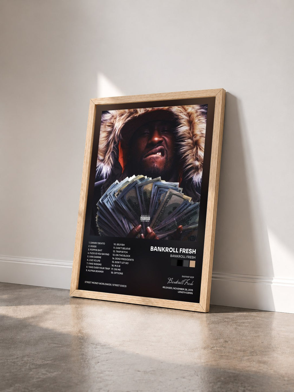 #bois Tableau de l'album Bankroll Fresh de Bankroll Fresh vu de trois quarts, cadre en bois brut