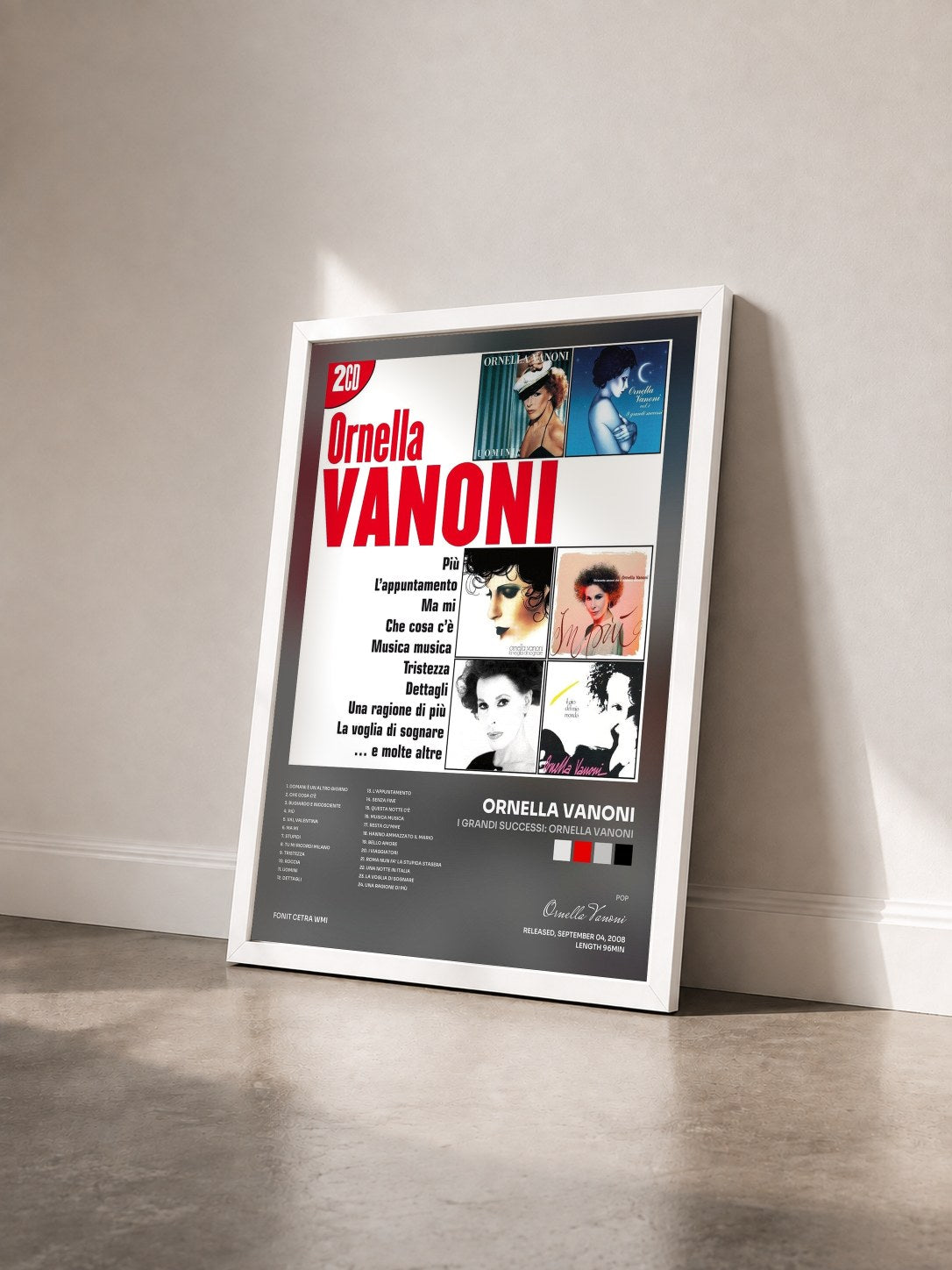 #blanc Tableau de l'album I Grandi Successi: Ornella Vanoni de Ornella Vanoni vu de trois quarts, cadre blanc