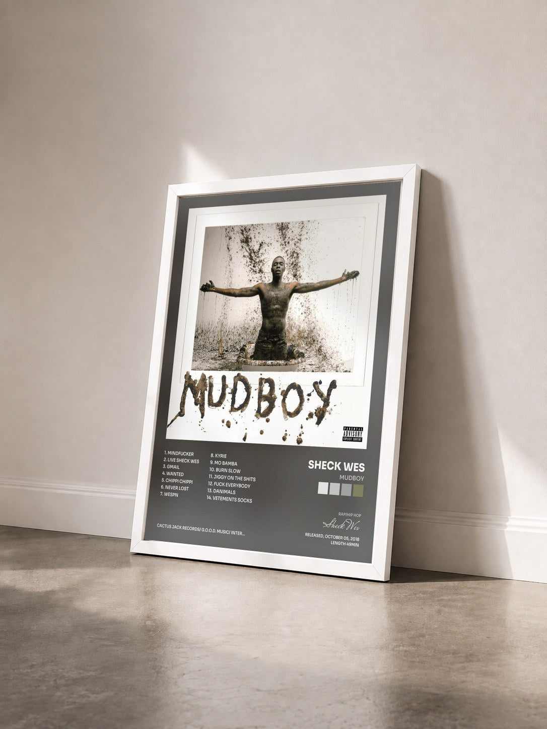 #blanc Tableau de l'album MUDBOY de Sheck Wes vu de trois quarts, cadre blanc