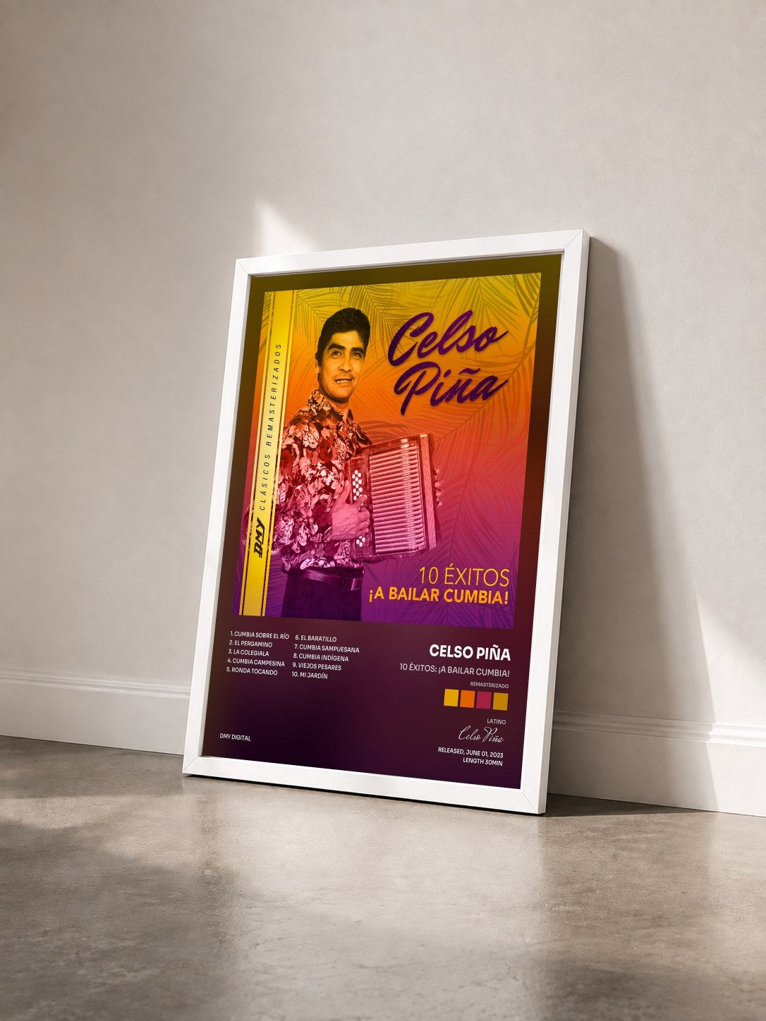 #blanc Tableau de l'album 10 Éxitos: ¡A Bailar Cumbia! (Remasterizado) de Celso Piña vu de trois quarts, cadre blanc