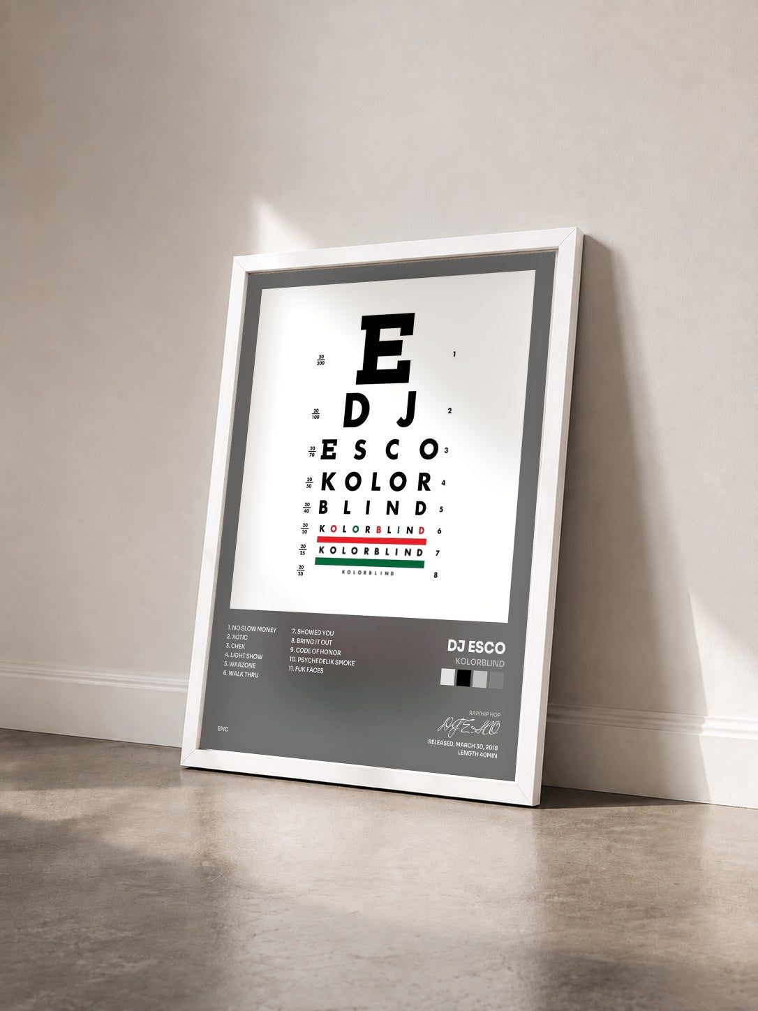 #blanc Tableau de l'album KOLORBLIND de DJ ESCO vu de trois quarts, cadre blanc