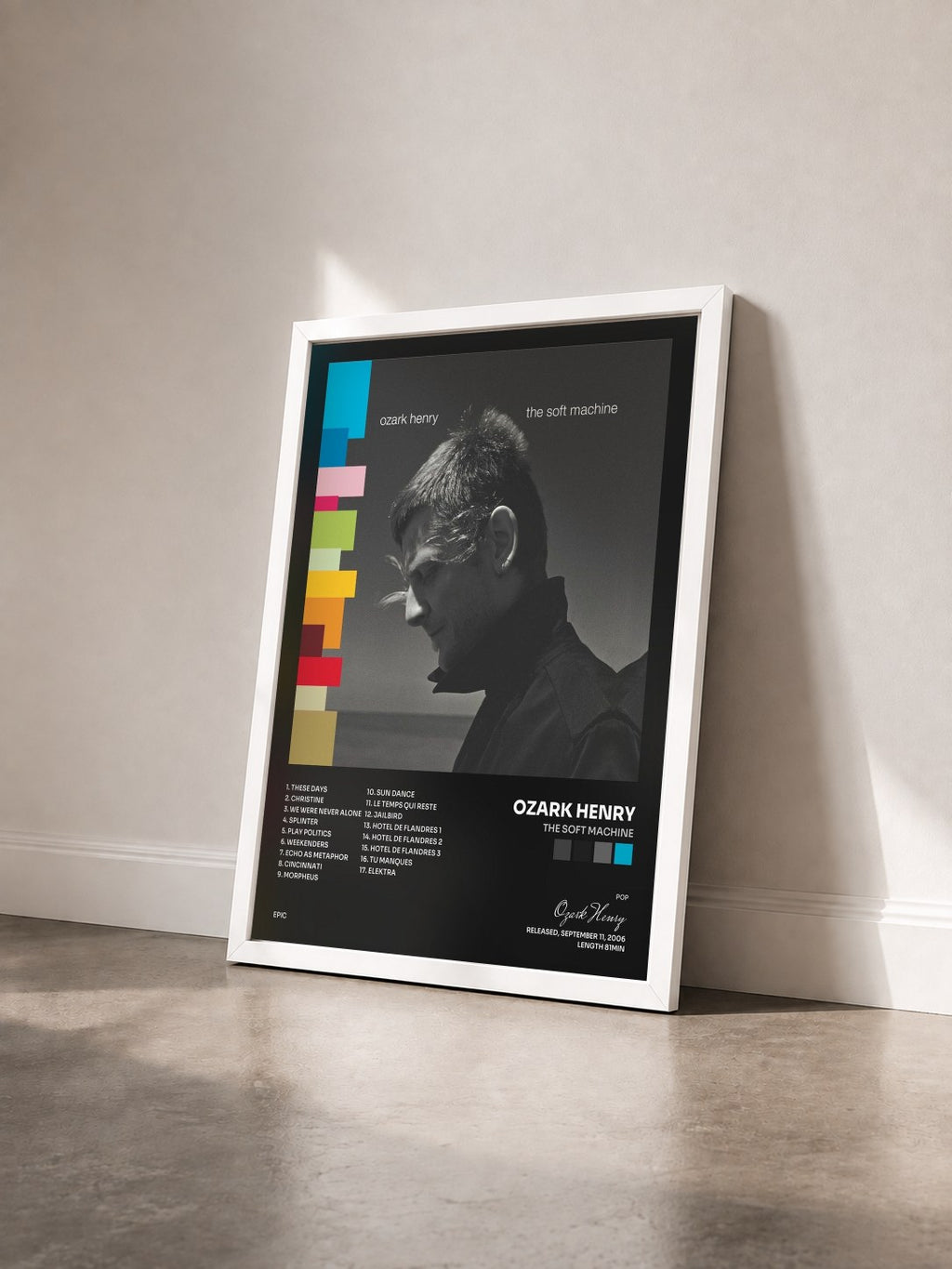 #blanc Tableau de l'album The Soft Machine de Ozark Henry vu de trois quarts, cadre blanc