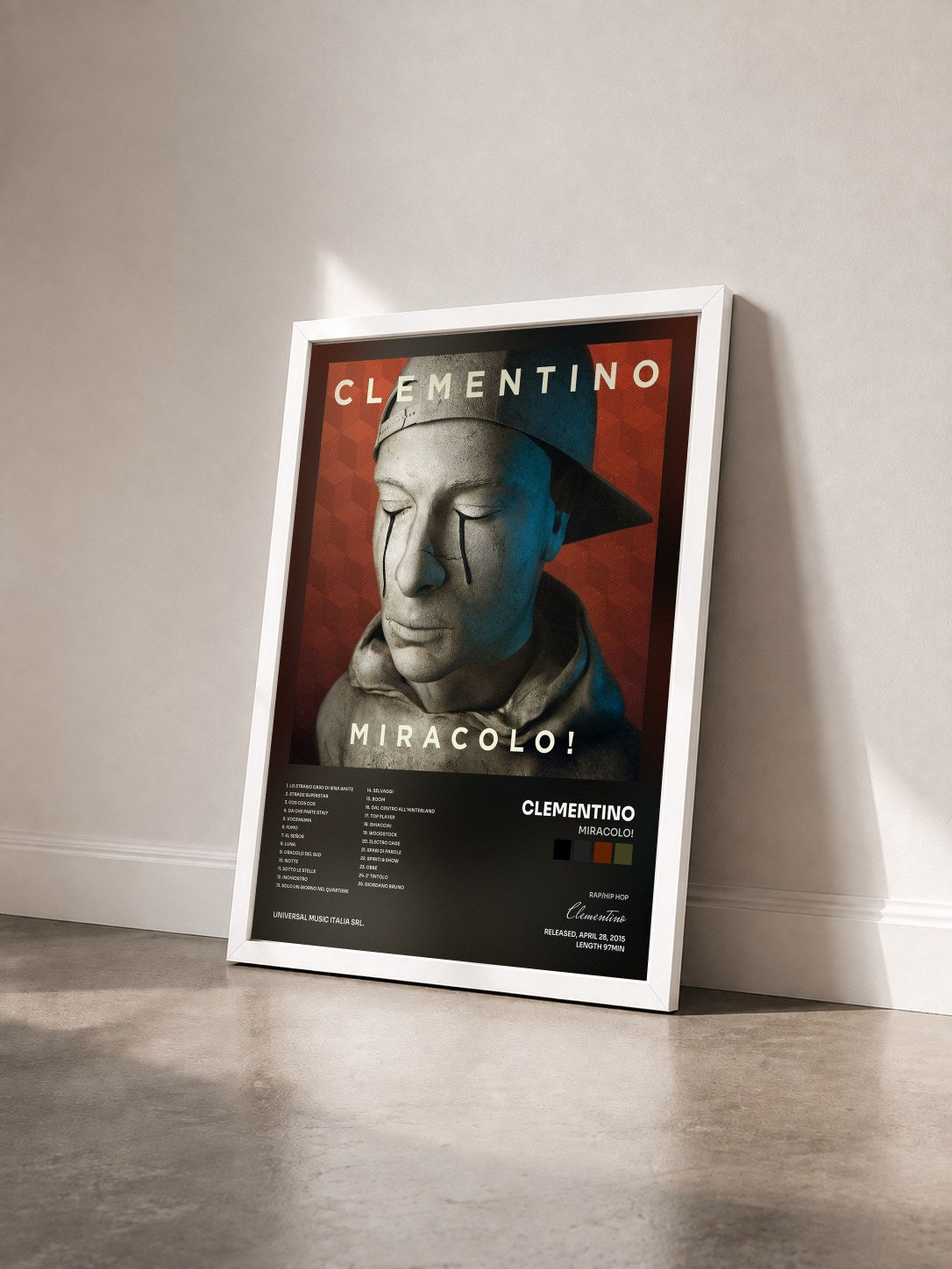 #blanc Tableau de l'album Miracolo! de Clementino vu de trois quarts, cadre blanc