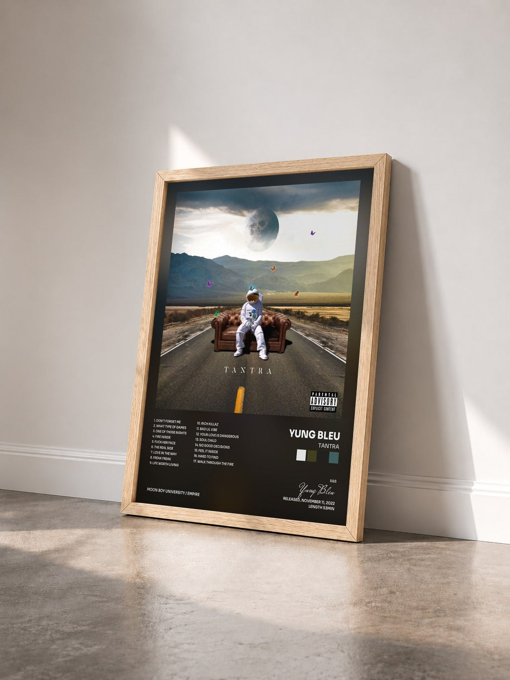 #bois Tableau de l'album TANTRA de Yung Bleu vu de trois quarts, cadre en bois brut