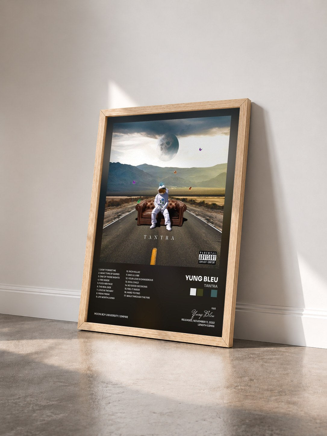 #bois Tableau de l'album TANTRA de Yung Bleu vu de trois quarts, cadre en bois brut