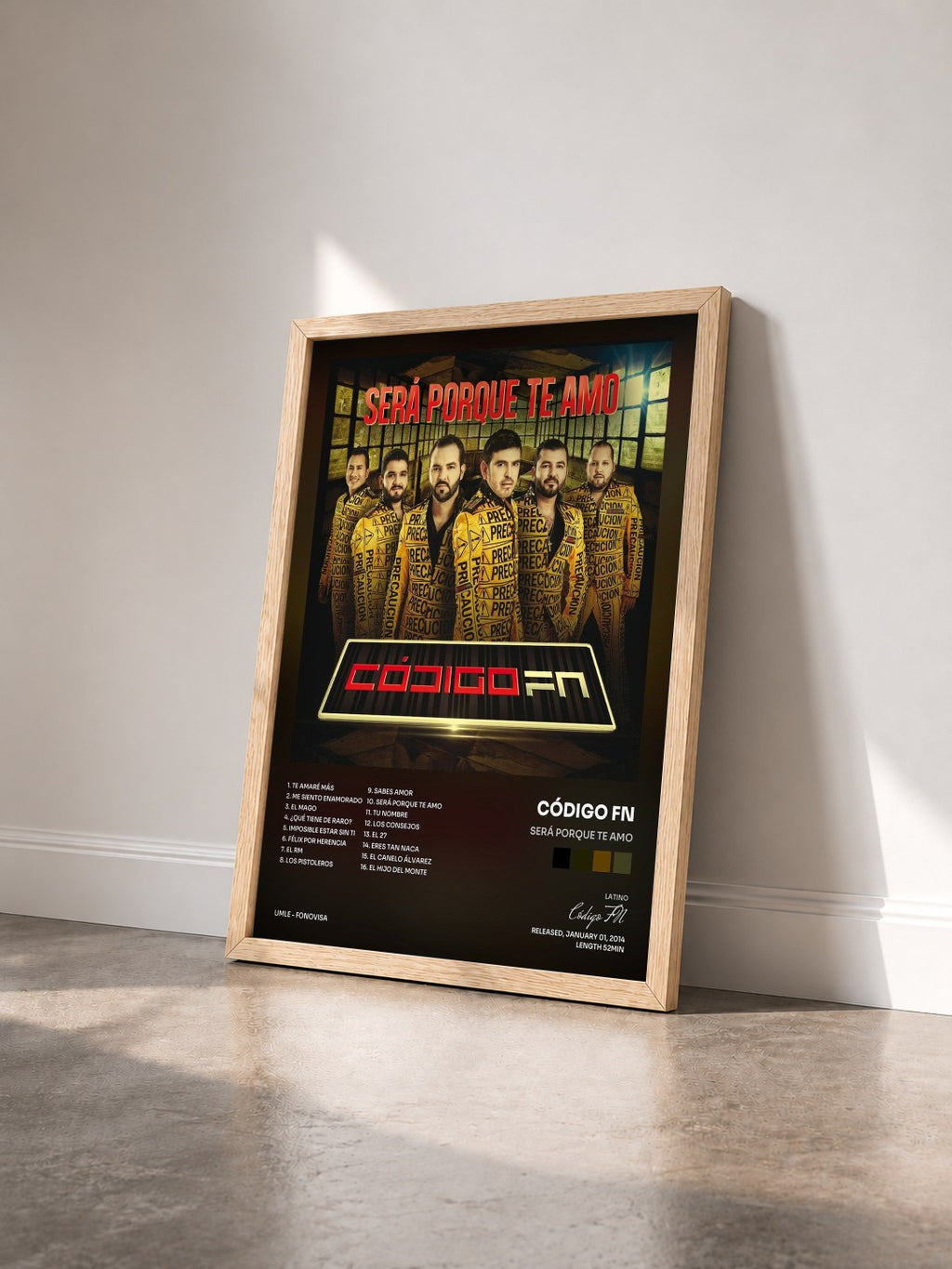 #bois Tableau de l'album Será Porque Te Amo de Código FN vu de trois quarts, cadre en bois brut